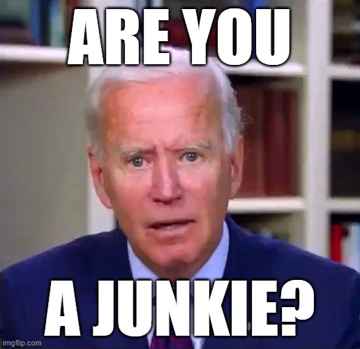 Biden Are You a Junkie? | ARE YOU; A JUNKIE? | image tagged in slow joe biden dementia face | made w/ Imgflip meme maker