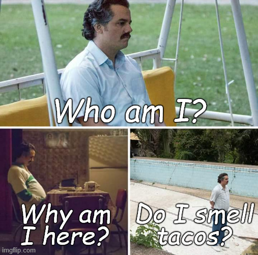 Sad Pablo Escobar ponders the meaning of Life. | Who am I? Why am
I here? Do I smell
tacos? | image tagged in sad pablo escobar,the meaning of life,deep thoughts,douglie,you're too shallow,to understand understand | made w/ Imgflip meme maker