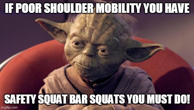 Yoda | IF POOR SHOULDER MOBILITY YOU HAVE; SAFETY SQUAT BAR SQUATS YOU MUST DO! | image tagged in yoda | made w/ Imgflip meme maker