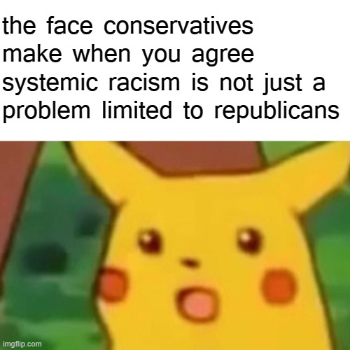I agree! That is all. (Well, not really.) | the face conservatives make when you agree systemic racism is not just a problem limited to republicans | image tagged in memes,surprised pikachu,racism,the face you make,the face you make when,conservative logic | made w/ Imgflip meme maker