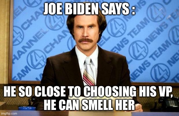 BREAKING NEWS | JOE BIDEN SAYS :; HE SO CLOSE TO CHOOSING HIS VP, 
HE CAN SMELL HER | image tagged in breaking news | made w/ Imgflip meme maker
