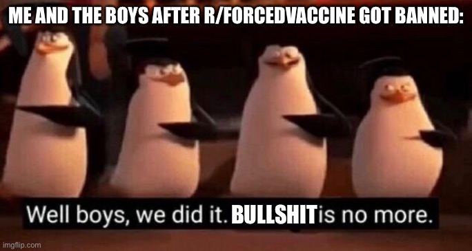 We did it boys | ME AND THE BOYS AFTER R/FORCEDVACCINE GOT BANNED:; BULLSHIT | image tagged in we did it boys | made w/ Imgflip meme maker