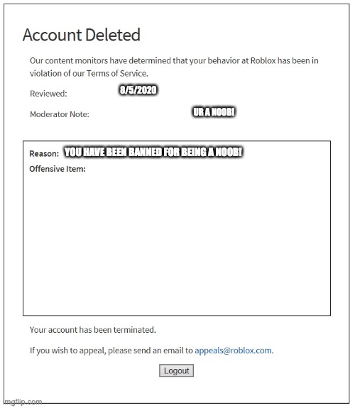 Banned From Roblox Imgflip - how to get your account back on roblox after being banned