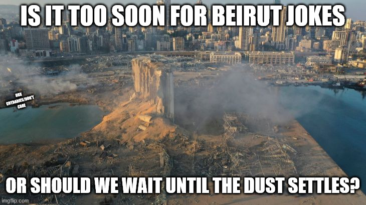 Beirut Explosion | IS IT TOO SOON FOR BEIRUT JOKES; OBX CRYBABIES/DON'T CARE; OR SHOULD WE WAIT UNTIL THE DUST SETTLES? | image tagged in beirut | made w/ Imgflip meme maker