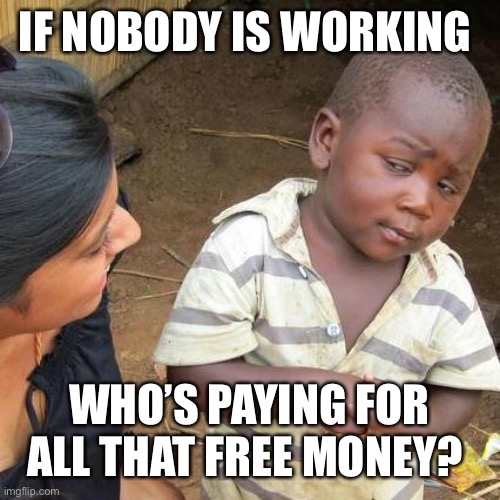 Third World Skeptical Kid Meme | IF NOBODY IS WORKING WHO’S PAYING FOR ALL THAT FREE MONEY? | image tagged in memes,third world skeptical kid | made w/ Imgflip meme maker