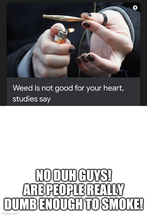 NO DUH GUYS! ARE PEOPLE REALLY DUMB ENOUGH TO SMOKE! | image tagged in blank white template | made w/ Imgflip meme maker