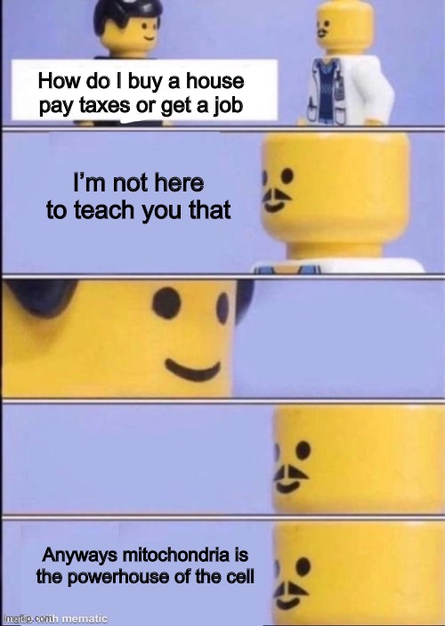 Lego doctor higher quality | How do I buy a house pay taxes or get a job; I’m not here to teach you that; Anyways mitochondria is the powerhouse of the cell | image tagged in lego doctor higher quality,memes,unhelpful high school teacher,teacher,school meme,who cares | made w/ Imgflip meme maker