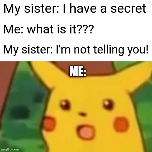 Surprised Pikachu | My sister: I have a secret; Me: what is it??? My sister: I'm not telling you! ME: | image tagged in memes,surprised pikachu | made w/ Imgflip meme maker