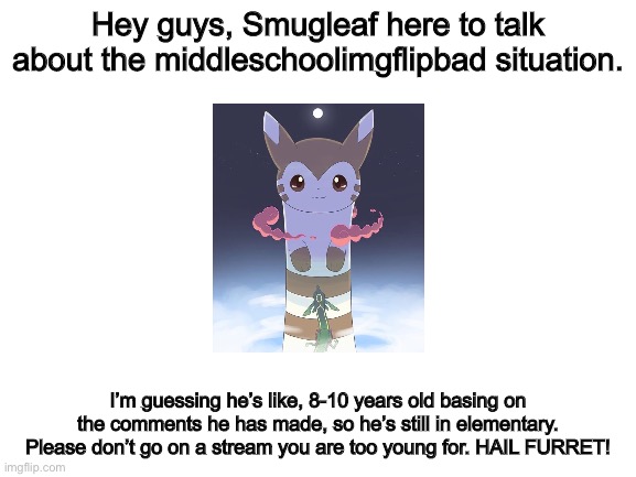 the middleschoolimgflipbad situation | Hey guys, Smugleaf here to talk about the middleschoolimgflipbad situation. I’m guessing he’s like, 8-10 years old basing on the comments he has made, so he’s still in elementary. Please don’t go on a stream you are too young for. HAIL FURRET! | image tagged in blank white template | made w/ Imgflip meme maker