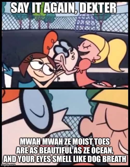 Say it Again, Dexter Meme | SAY IT AGAIN, DEXTER; MWAH MWAH ZE MOIST TOES ARE AS BEAUTIFUL AS ZE OCEAN, AND YOUR EYES SMELL LIKE DOG BREATH | image tagged in memes,say it again dexter | made w/ Imgflip meme maker