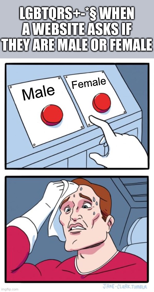 Truer memes have not been made. | LGBTQRS+-*§ WHEN A WEBSITE ASKS IF THEY ARE MALE OR FEMALE; Female; Male | image tagged in memes,two buttons,lgbtq,male,female,funny | made w/ Imgflip meme maker
