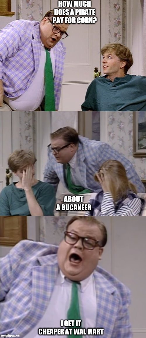bad pun Matt Foley | HOW MUCH DOES A PIRATE PAY FOR CORN? ABOUT A BUCANEER; I GET IT CHEAPER AT WAL MART | image tagged in bad pun matt foley | made w/ Imgflip meme maker