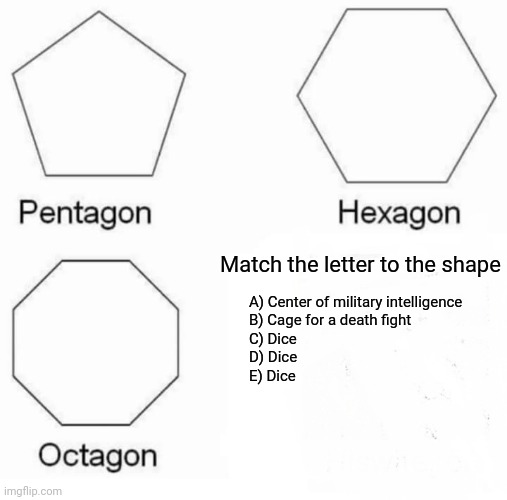 D&D for Days | Match the letter to the shape; A) Center of military intelligence
B) Cage for a death fight
C) Dice
D) Dice
E) Dice | image tagged in memes,pentagon hexagon octagon,dungeons and dragons,magic the gathering,pokemon | made w/ Imgflip meme maker