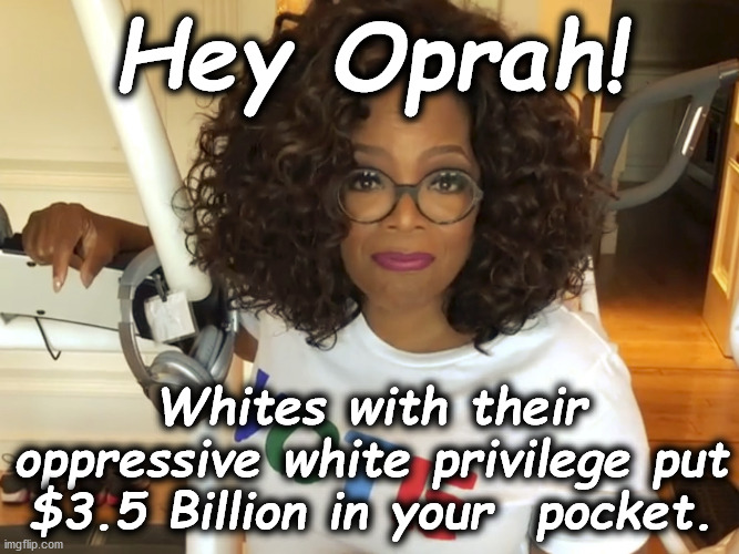 Hypocrite | Hey Oprah! Whites with their oppressive white privilege put $3.5 Billion in your  pocket. | image tagged in meme,racist,oprah,white privilege,hypocrite,democrat | made w/ Imgflip meme maker