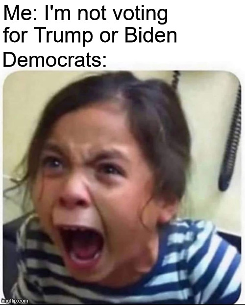 Me: I'm not voting for Trump or Biden; Democrats: | image tagged in donald trump,joe biden,democrats,crying democrats | made w/ Imgflip meme maker