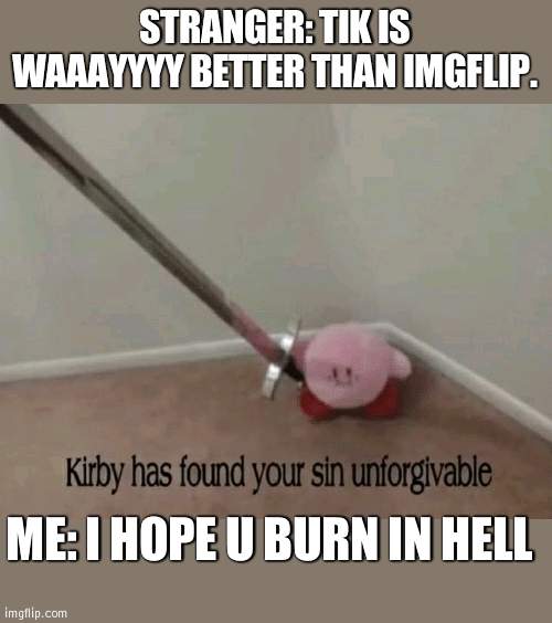 Tik Tok Sucks and i will miss all the users that have left | STRANGER: TIK IS WAAAYYYY BETTER THAN IMGFLIP. ME: I HOPE U BURN IN HELL | image tagged in kirby has found your sin unforgivable | made w/ Imgflip meme maker