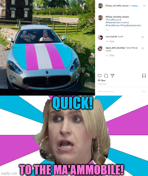 There's transphobia afoot! - Gamestop Ma'am gets a new ride | QUICK! TO THE MA'AMMOBILE! | image tagged in transgender,car,it's ma'am,mobile,gamestop,memes | made w/ Imgflip meme maker