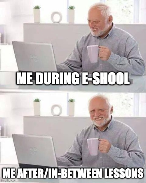 Hide the Pain Harold |  ME DURING E-SHOOL; ME AFTER/IN-BETWEEN LESSONS | image tagged in memes,hide the pain harold,online school | made w/ Imgflip meme maker
