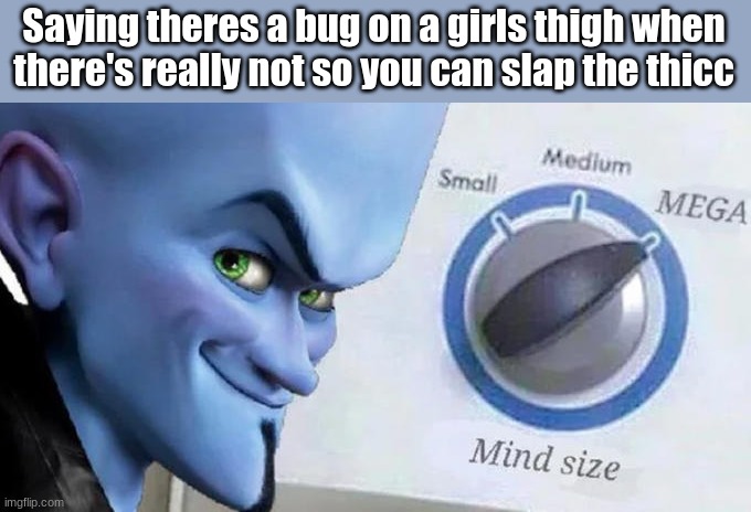 Mega Mind Size | Saying theres a bug on a girls thigh when there's really not so you can slap the thicc | image tagged in mega mind size,memes | made w/ Imgflip meme maker