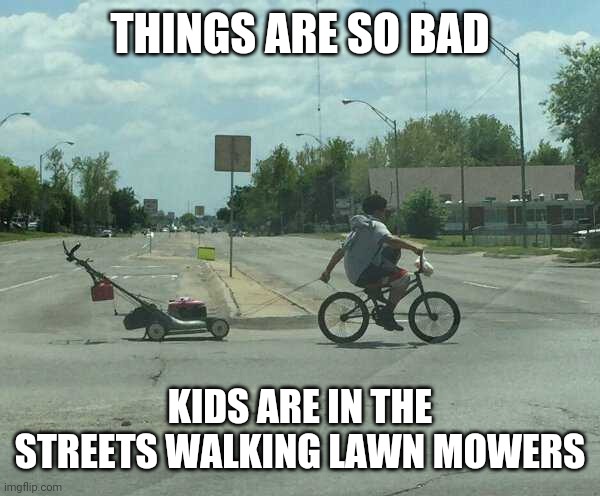 BRING IT HERE, I GOT PLENTY OF GRASS FOR IT | THINGS ARE SO BAD; KIDS ARE IN THE STREETS WALKING LAWN MOWERS | image tagged in lawnmower,kids,wtf | made w/ Imgflip meme maker