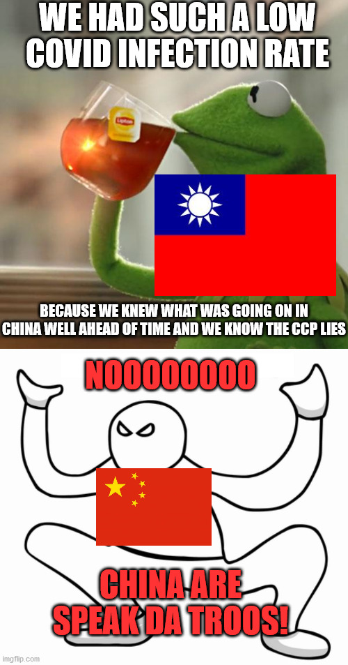 WE HAD SUCH A LOW COVID INFECTION RATE; BECAUSE WE KNEW WHAT WAS GOING ON IN CHINA WELL AHEAD OF TIME AND WE KNOW THE CCP LIES; NOOOOOOOO; CHINA ARE SPEAK DA TROOS! | image tagged in memes,but that's none of my business,autistic screeching,china,taiwan,covid-19 | made w/ Imgflip meme maker