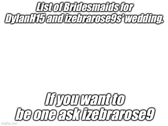 Blank White Template | List of Bridesmaids for DylanH15 and izebrarose9s’ wedding. If you want to be one ask izebrarose9 | image tagged in blank white template | made w/ Imgflip meme maker