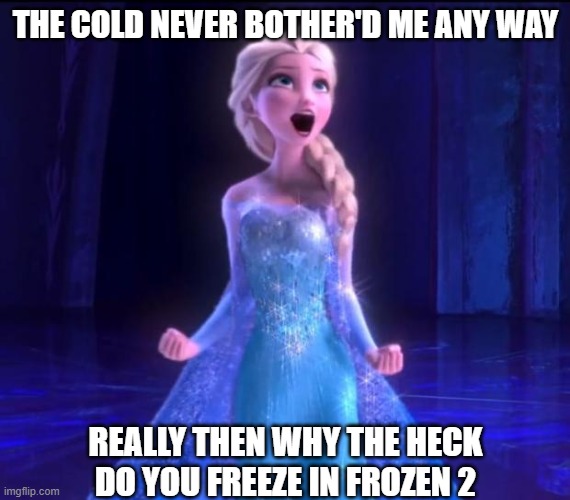 ELSA | THE COLD NEVER BOTHER'D ME ANY WAY; REALLY THEN WHY THE HECK DO YOU FREEZE IN FROZEN 2 | image tagged in elsa | made w/ Imgflip meme maker