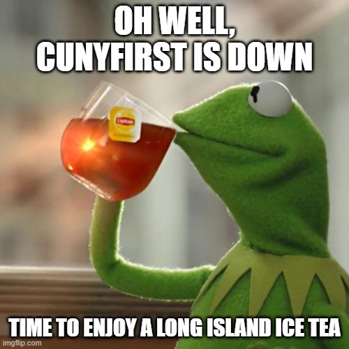 But That's None Of My Business | OH WELL, CUNYFIRST IS DOWN; TIME TO ENJOY A LONG ISLAND ICE TEA | image tagged in memes,but that's none of my business,kermit the frog | made w/ Imgflip meme maker