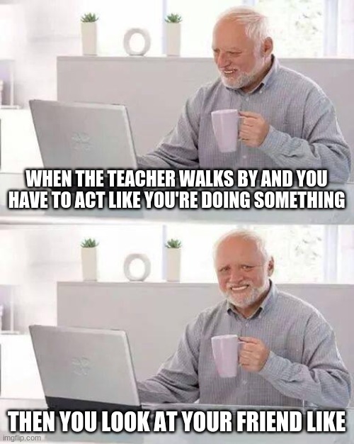 School sucks | WHEN THE TEACHER WALKS BY AND YOU HAVE TO ACT LIKE YOU'RE DOING SOMETHING; THEN YOU LOOK AT YOUR FRIEND LIKE | image tagged in memes,hide the pain harold | made w/ Imgflip meme maker