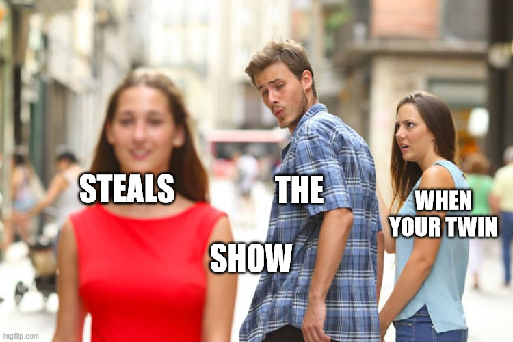 Distracted Boyfriend Meme | THE; STEALS; WHEN YOUR TWIN; SHOW | image tagged in memes,distracted boyfriend,twins,lol,sexy | made w/ Imgflip meme maker