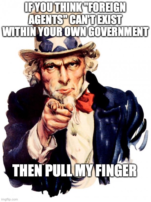 Uncle Sam I Am | IF YOU THINK "FOREIGN AGENTS" CAN'T EXIST WITHIN YOUR OWN GOVERNMENT; THEN PULL MY FINGER | image tagged in memes,uncle sam | made w/ Imgflip meme maker