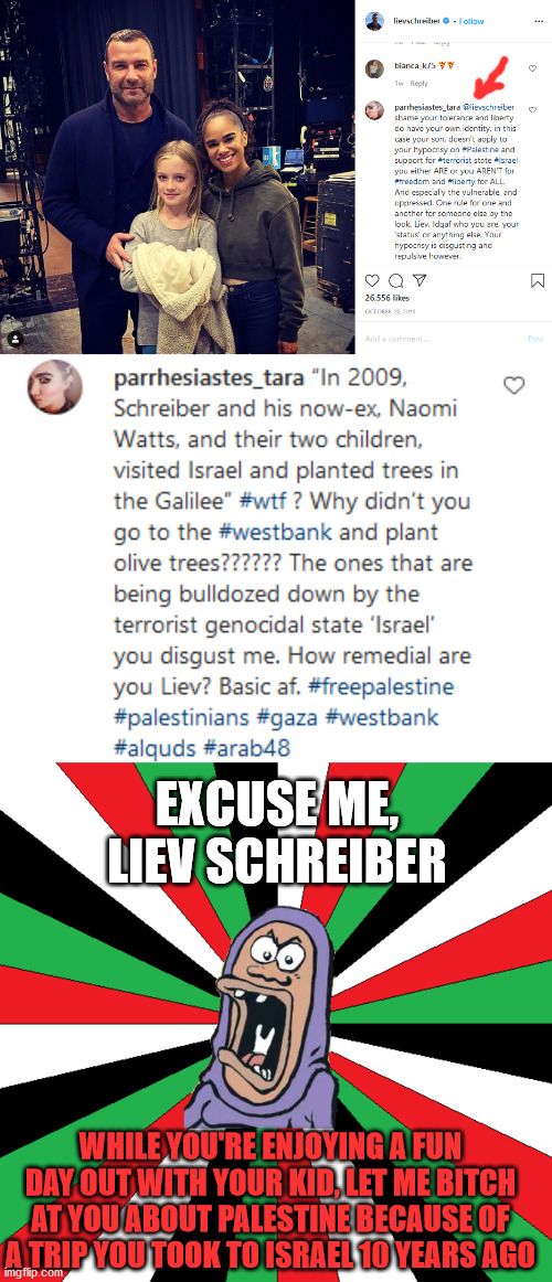 EXCUSE ME, LIEV SCHREIBER; WHILE YOU'RE ENJOYING A FUN DAY OUT WITH YOUR KID, LET ME BITCH AT YOU ABOUT PALESTINE BECAUSE OF A TRIP YOU TOOK TO ISRAEL 10 YEARS AGO | image tagged in palestine,israel,instagram,muslim,actor,memes | made w/ Imgflip meme maker