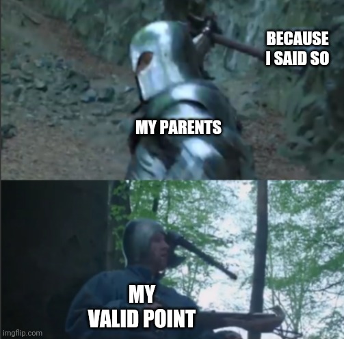 Axe to the Head | BECAUSE I SAID SO; MY PARENTS; MY VALID POINT | image tagged in axe to the head | made w/ Imgflip meme maker
