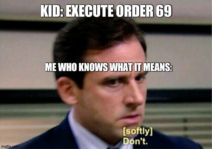Michael Scott Don't Softly | KID: EXECUTE ORDER 69; ME WHO KNOWS WHAT IT MEANS: | image tagged in michael scott don't softly | made w/ Imgflip meme maker