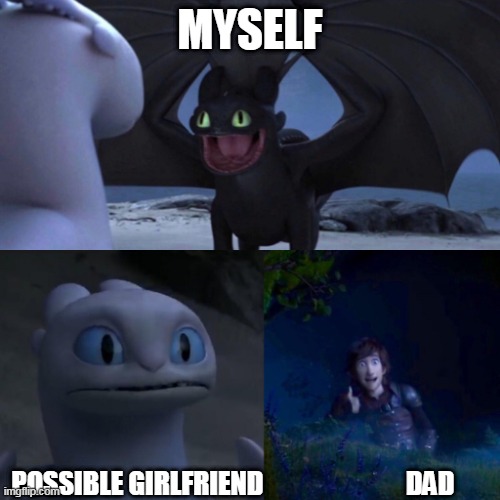 yep httyd | MYSELF; POSSIBLE GIRLFRIEND                           DAD | image tagged in httyd thumbs up | made w/ Imgflip meme maker