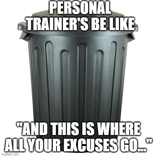 Excuses | PERSONAL TRAINER'S BE LIKE; "AND THIS IS WHERE ALL YOUR EXCUSES GO..." | image tagged in personaltrainer,fitness,hard work | made w/ Imgflip meme maker