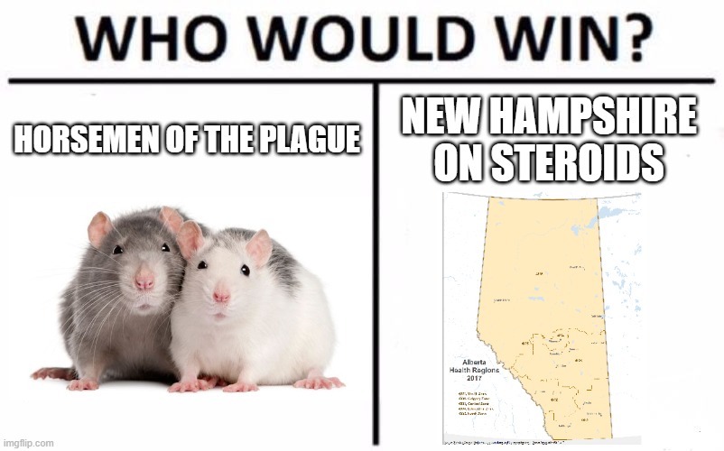 Rats! | HORSEMEN OF THE PLAGUE; NEW HAMPSHIRE ON STEROIDS | image tagged in memes,who would win,rats,alberta | made w/ Imgflip meme maker