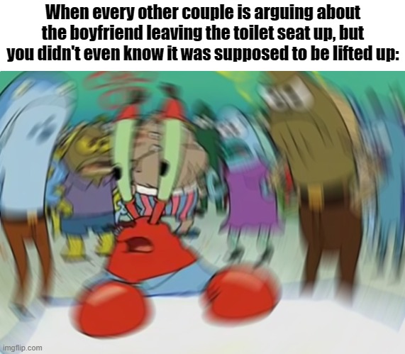 Mr Krabs Blur Meme | When every other couple is arguing about the boyfriend leaving the toilet seat up, but you didn't even know it was supposed to be lifted up: | image tagged in memes,mr krabs blur meme | made w/ Imgflip meme maker