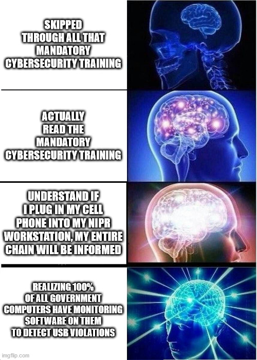 US ARMY USB VIOLATION | SKIPPED THROUGH ALL THAT MANDATORY CYBERSECURITY TRAINING; ACTUALLY READ THE MANDATORY CYBERSECURITY TRAINING; UNDERSTAND IF I PLUG IN MY CELL PHONE INTO MY NIPR WORKSTATION, MY ENTIRE CHAIN WILL BE INFORMED; REALIZING 100% OF ALL GOVERNMENT COMPUTERS HAVE MONITORING SOFTWARE ON THEM TO DETECT USB VIOLATIONS | image tagged in memes,expanding brain | made w/ Imgflip meme maker