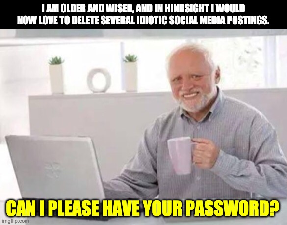 Harold | I AM OLDER AND WISER, AND IN HINDSIGHT I WOULD NOW LOVE TO DELETE SEVERAL IDIOTIC SOCIAL MEDIA POSTINGS. CAN I PLEASE HAVE YOUR PASSWORD? | image tagged in harold | made w/ Imgflip meme maker