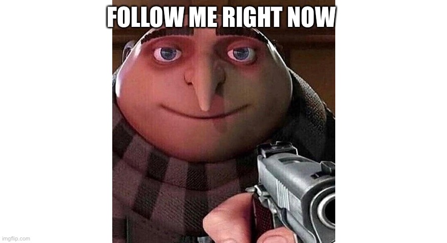 If you comment you followed me i will do the same for you | FOLLOW ME RIGHT NOW | image tagged in gru with a gun | made w/ Imgflip meme maker