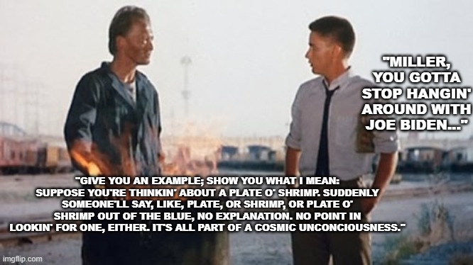 Repo Man- Modern Philosophy | "MILLER, YOU GOTTA STOP HANGIN' AROUND WITH JOE BIDEN..."; "GIVE YOU AN EXAMPLE; SHOW YOU WHAT I MEAN: SUPPOSE YOU'RE THINKIN' ABOUT A PLATE O' SHRIMP. SUDDENLY SOMEONE'LL SAY, LIKE, PLATE, OR SHRIMP, OR PLATE O' SHRIMP OUT OF THE BLUE, NO EXPLANATION. NO POINT IN LOOKIN' FOR ONE, EITHER. IT'S ALL PART OF A COSMIC UNCONCIOUSNESS." | image tagged in what if i told you | made w/ Imgflip meme maker