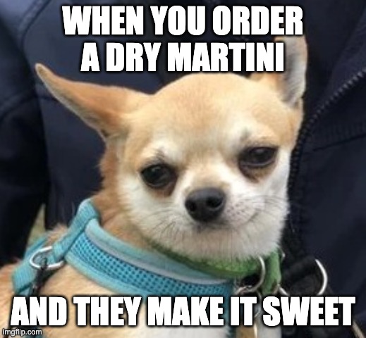 Dry Martini Dog |  WHEN YOU ORDER A DRY MARTINI; AND THEY MAKE IT SWEET | image tagged in dog,martini,drinking,unimpressed,disappointed | made w/ Imgflip meme maker