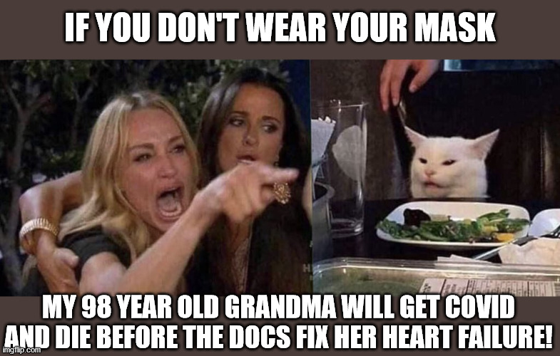 masks save lives | IF YOU DON'T WEAR YOUR MASK; MY 98 YEAR OLD GRANDMA WILL GET COVID AND DIE BEFORE THE DOCS FIX HER HEART FAILURE! | image tagged in woman yelling at cat,covidiots,plandemic,covid19,coronavirus | made w/ Imgflip meme maker