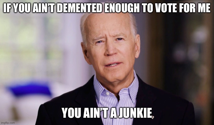 Bidenism | IF YOU AIN’T DEMENTED ENOUGH TO VOTE FOR ME; YOU AIN’T A JUNKIE | image tagged in joe biden 2020 | made w/ Imgflip meme maker
