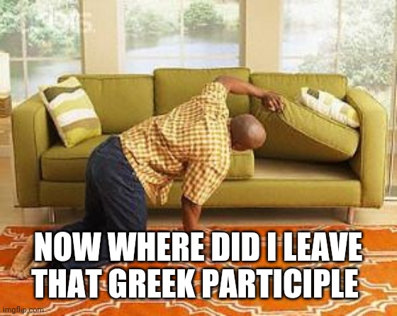 searching  | NOW WHERE DID I LEAVE THAT GREEK PARTICIPLE | image tagged in searching | made w/ Imgflip meme maker