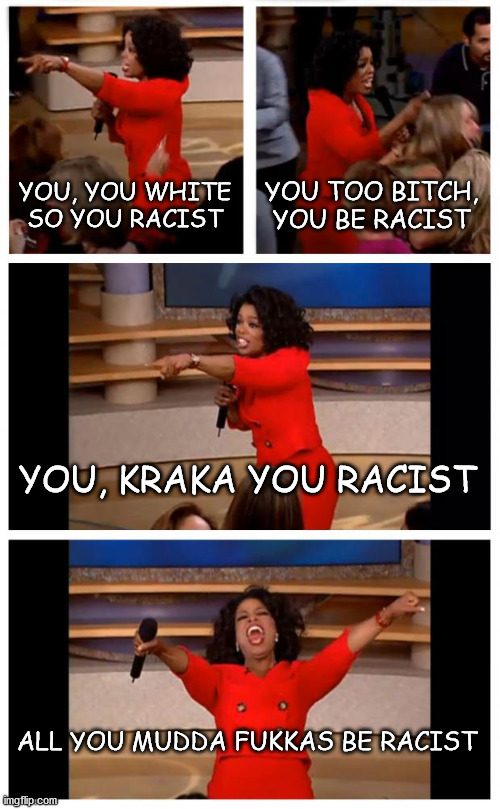 Racist oprah | YOU, YOU WHITE SO YOU RACIST; YOU TOO BITCH, YOU BE RACIST; YOU, KRAKA YOU RACIST; ALL YOU MUDDA FUKKAS BE RACIST | image tagged in memes,oprah you get a car everybody gets a car | made w/ Imgflip meme maker