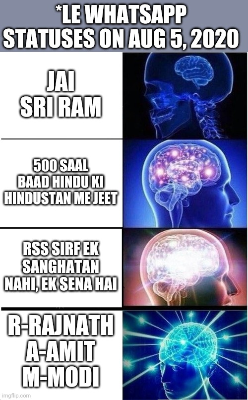 India Ayodhya ram mandir | *LE WHATSAPP STATUSES ON AUG 5, 2020; JAI SRI RAM; 500 SAAL BAAD HINDU KI HINDUSTAN ME JEET; RSS SIRF EK SANGHATAN NAHI, EK SENA HAI; R-RAJNATH
A-AMIT
M-MODI | image tagged in memes,expanding brain | made w/ Imgflip meme maker