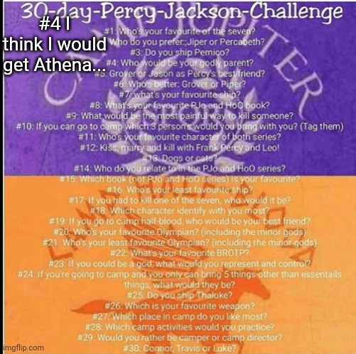 I got it on a quiz but idk... | #4 I think I would get Athena... | image tagged in percy jackson 30 day challenge | made w/ Imgflip meme maker