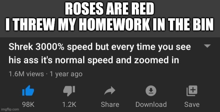 The perfect sh*tpost does not exi- | ROSES ARE RED
I THREW MY HOMEWORK IN THE BIN | image tagged in shrek,likes,his,privacy,memes,funny memes | made w/ Imgflip meme maker